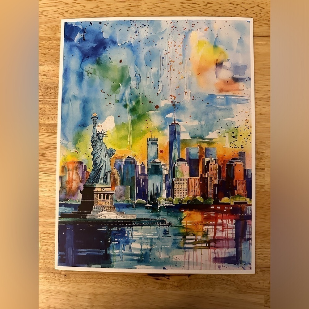 Statue of Liberty New York Skyline Watercolor Print on 8x10 Card Stock